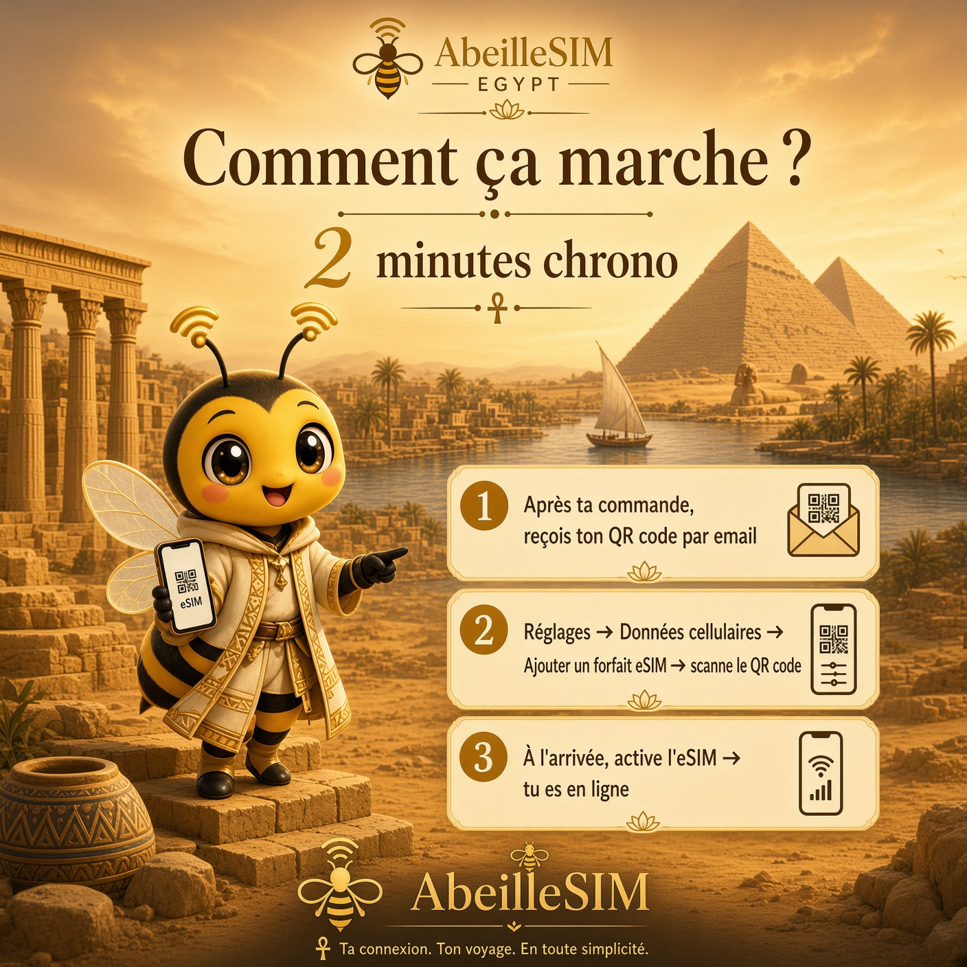 eSIM Égypte 4G/5G · Dès 5,99 € · Activation 2 min